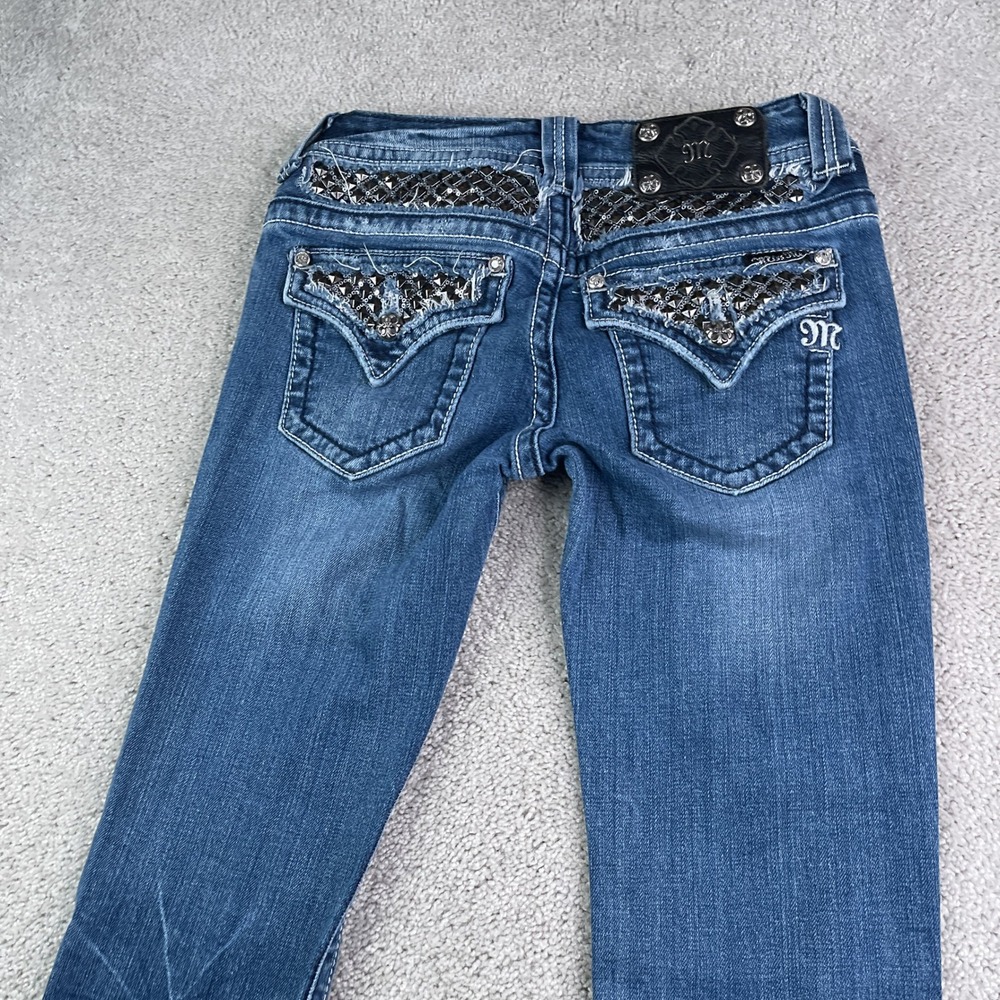 Miss Me Jeans Womens 27 Blue Bootcut Embellished Flap Pocket Whiskered Denim